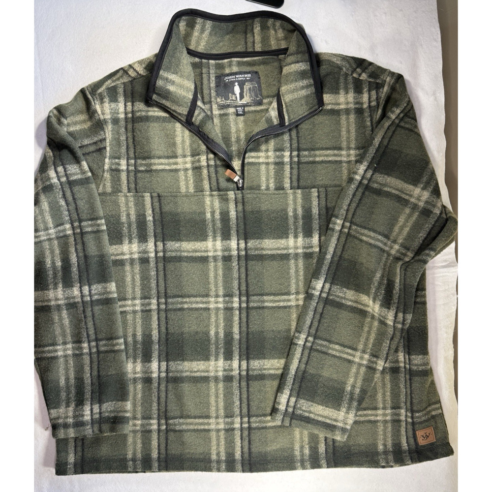 John Wayne Wooly Fleece XXL Men's 1/4 Zip Jacket green plaid EUC